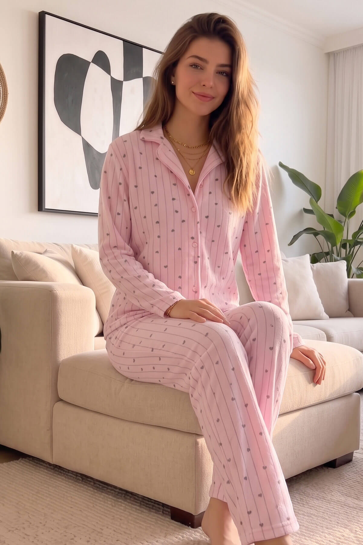 Açık Pembe Kalp Desenli Önden Düğmeli Peluş Polar Pijama Takımı - Pijamaevi (2)