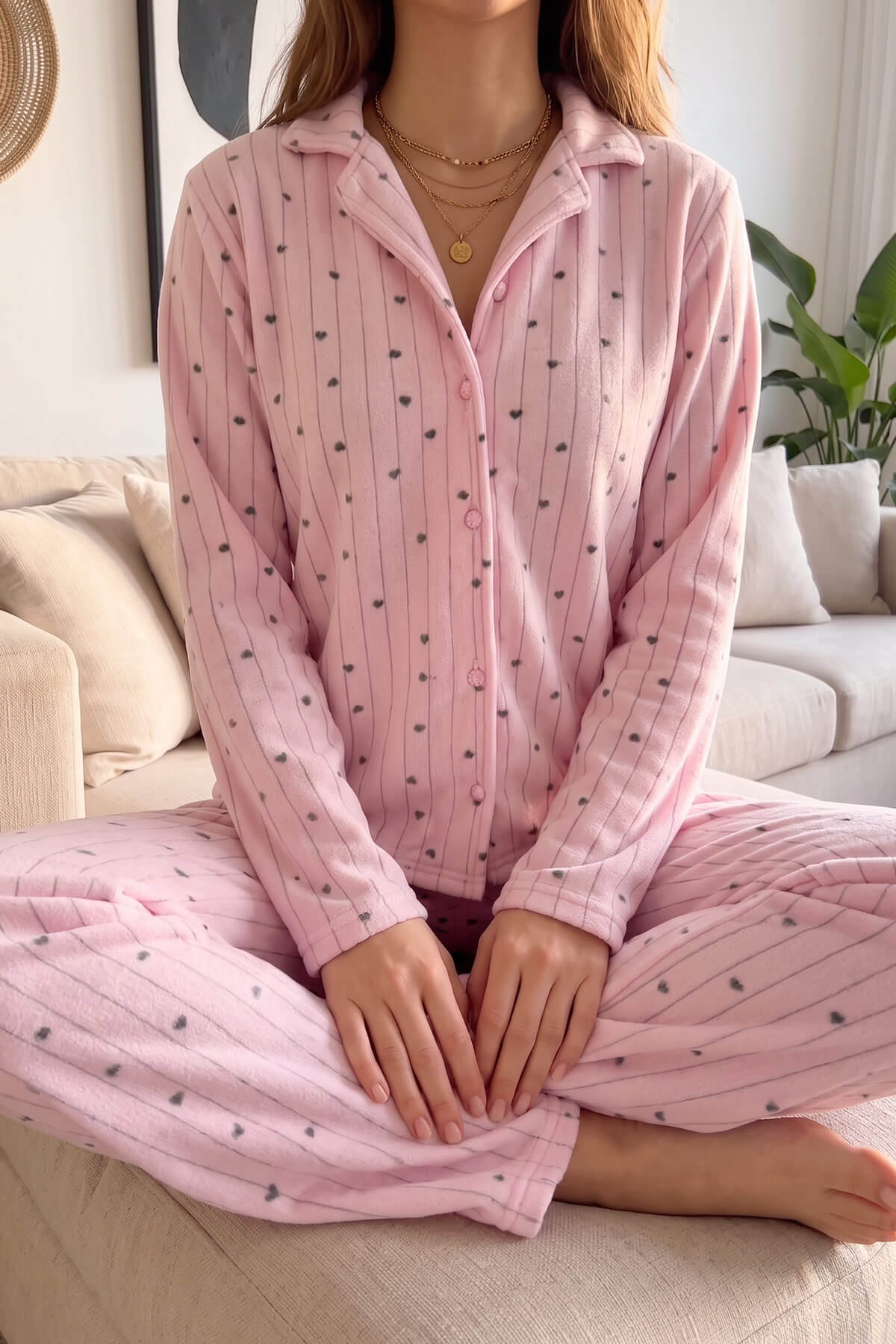 Açık Pembe Kalp Desenli Önden Düğmeli Peluş Polar Pijama Takımı - Pijamaevi (3)