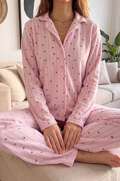 Açık Pembe Kalp Desenli Önden Düğmeli Peluş Polar Pijama Takımı - 4