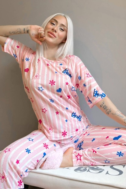 Açık Pembe Kurdele Baskılı Kısa Kollu Kadın Pijama Takımı - 1