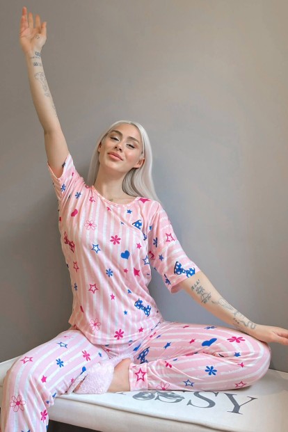 Açık Pembe Kurdele Baskılı Kısa Kollu Kadın Pijama Takımı - 2