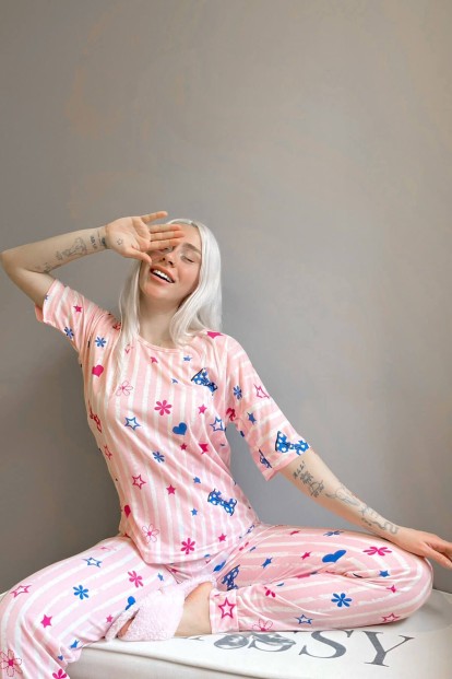 Açık Pembe Kurdele Baskılı Kısa Kollu Kadın Pijama Takımı - 3