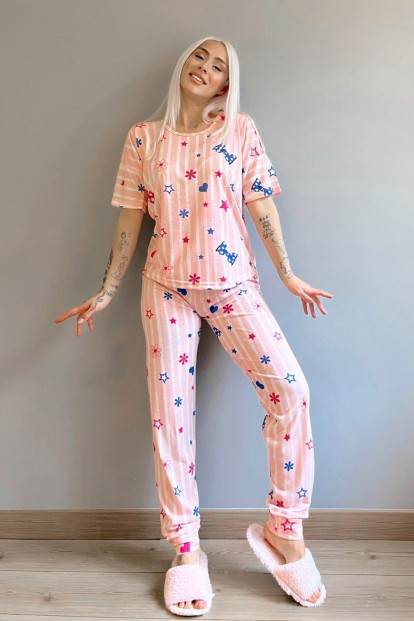 Açık Pembe Kurdele Baskılı Kısa Kollu Kadın Pijama Takımı - 5