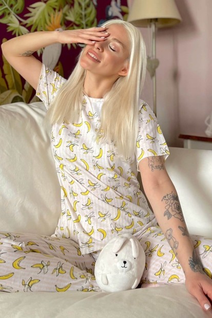 Açık Pembe Lokale Banane Baskılı Kısa Kollu Kadın Pijama Takımı - 1