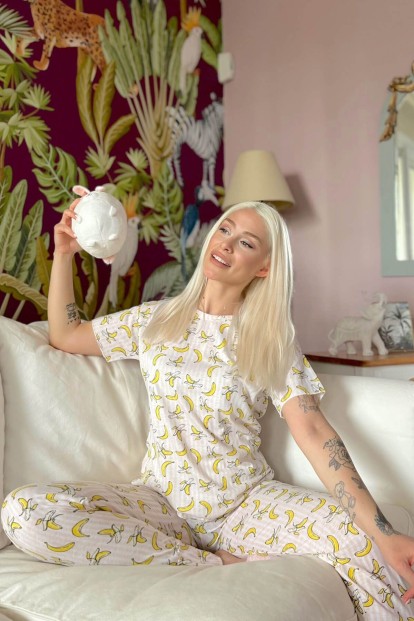 Açık Pembe Lokale Banane Baskılı Kısa Kollu Kadın Pijama Takımı - 2