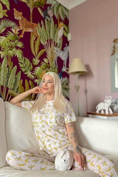Açık Pembe Lokale Banane Baskılı Kısa Kollu Kadın Pijama Takımı - 3