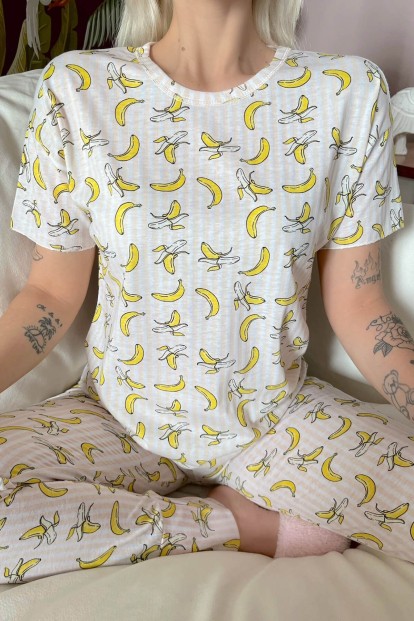Açık Pembe Lokale Banane Baskılı Kısa Kollu Kadın Pijama Takımı - 4