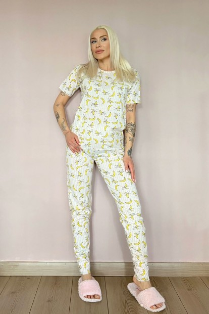 Açık Pembe Lokale Banane Baskılı Kısa Kollu Kadın Pijama Takımı - 5
