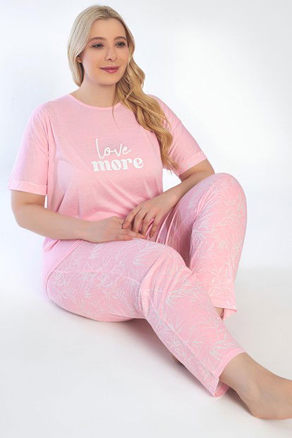 Açık Pembe Love More Baskılı Büyük Beden Battal Pijama Takımı - 1
