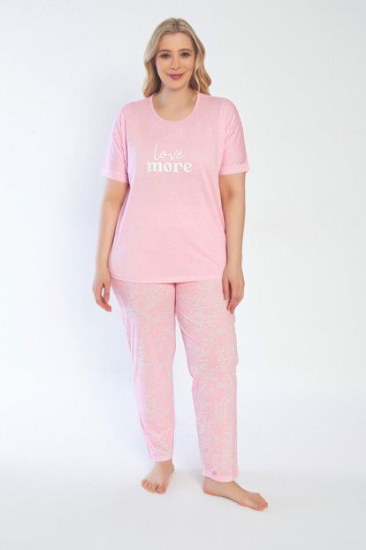Açık Pembe Love More Baskılı Büyük Beden Battal Pijama Takımı - 2