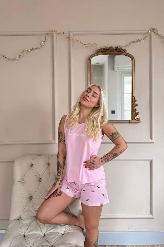 Açık Pembe Mignonne Desenli Bambu Sıfır Kol Şortlu Kadın Pijama Takımı - Pijamaevi (1)