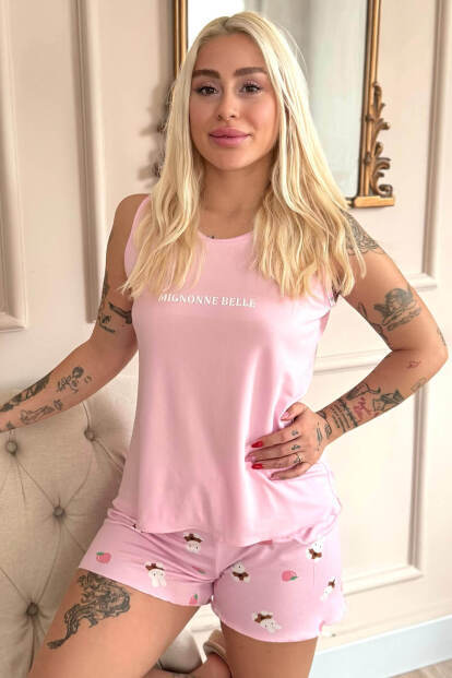 Açık Pembe Mignonne Desenli Bambu Sıfır Kol Şortlu Kadın Pijama Takımı - 6