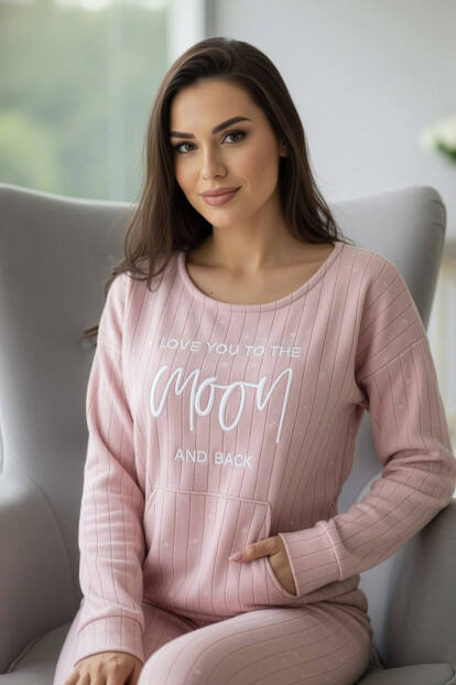 Açık Pembe Moon Desenli Kanguru Cepli Peluş Polar Pijama Takımı - 1