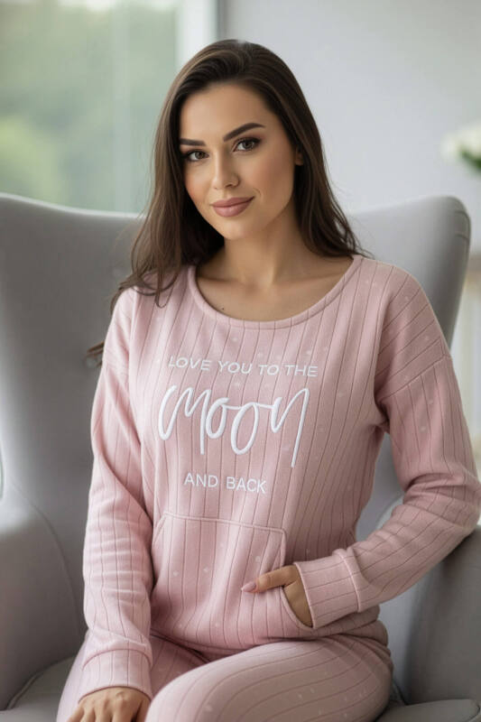 Açık Pembe Moon Desenli Kanguru Cepli Peluş Polar Pijama Takımı - Pijamaevi