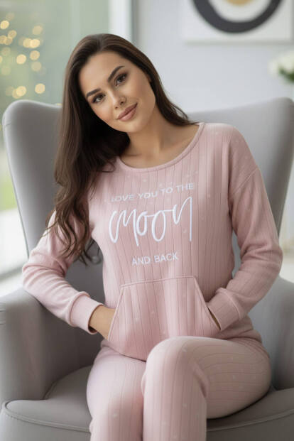 Açık Pembe Moon Desenli Kanguru Cepli Peluş Polar Pijama Takımı - 2