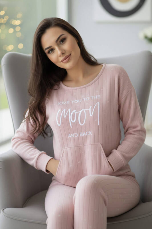 Açık Pembe Moon Desenli Kanguru Cepli Peluş Polar Pijama Takımı - Pijamaevi (1)