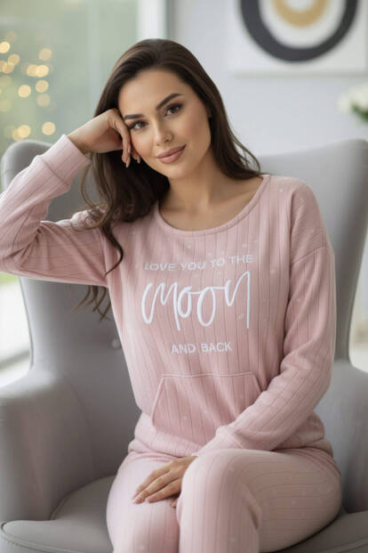 Açık Pembe Moon Desenli Kanguru Cepli Peluş Polar Pijama Takımı - 3