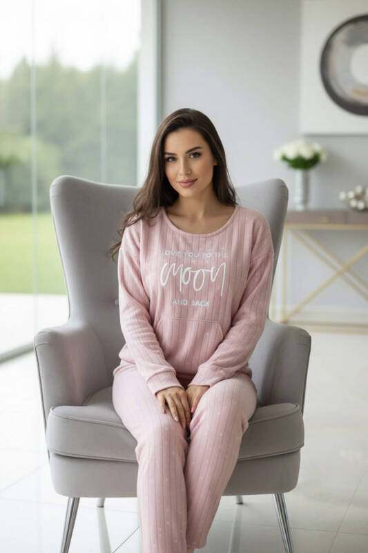 Açık Pembe Moon Desenli Kanguru Cepli Peluş Polar Pijama Takımı - Pijamaevi (3)