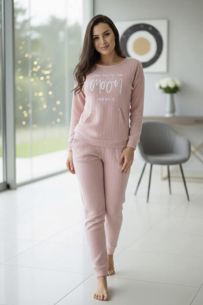 Açık Pembe Moon Desenli Kanguru Cepli Peluş Polar Pijama Takımı - 5