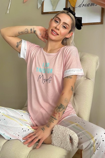 Açık Pembe Myself Baskılı Örme Kısa Kollu Kadın Pijama Takımı - 1