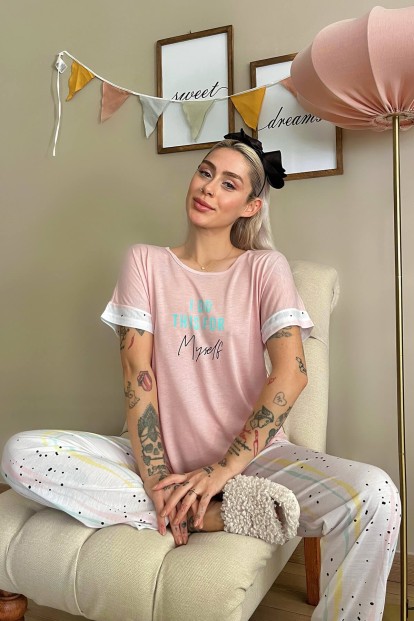 Açık Pembe Myself Baskılı Örme Kısa Kollu Kadın Pijama Takımı - 2