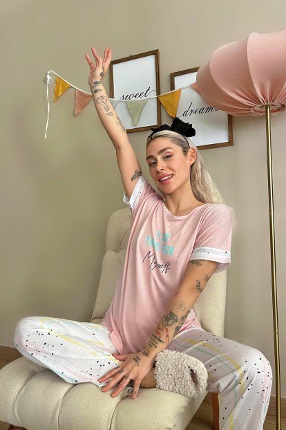 Açık Pembe Myself Baskılı Örme Kısa Kollu Kadın Pijama Takımı - 3