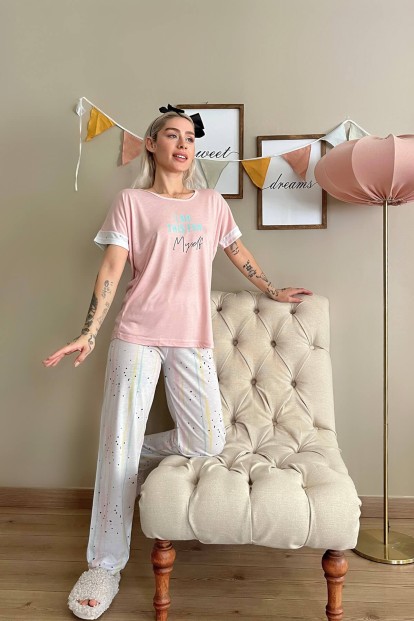 Açık Pembe Myself Baskılı Örme Kısa Kollu Kadın Pijama Takımı - 4