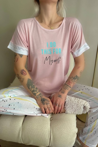 Açık Pembe Myself Baskılı Örme Kısa Kollu Kadın Pijama Takımı - 5