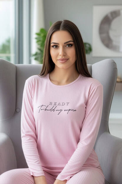 Açık Pembe Ready Desenli Uzun Kollu Dublin Örme Kadın Pijama Takımı - 2