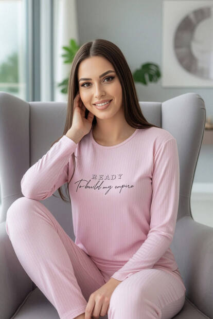 Açık Pembe Ready Desenli Uzun Kollu Dublin Örme Kadın Pijama Takımı - 3