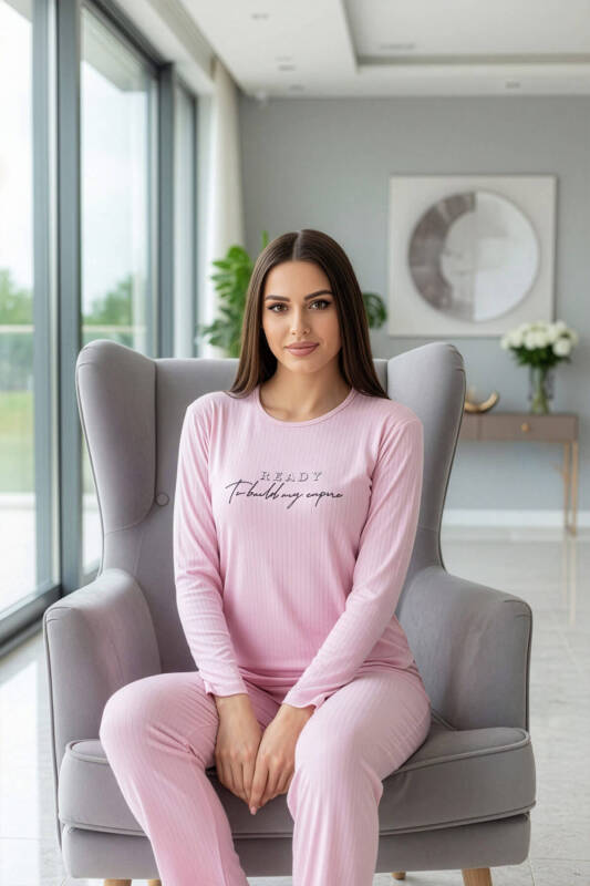 Açık Pembe Ready Desenli Uzun Kollu Dublin Örme Kadın Pijama Takımı - Pijamaevi (3)