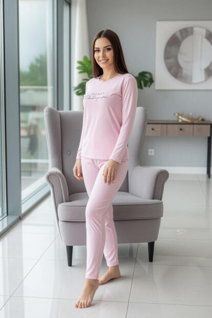 Açık Pembe Ready Desenli Uzun Kollu Dublin Örme Kadın Pijama Takımı - 5