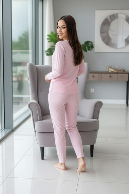 Açık Pembe Ready Desenli Uzun Kollu Dublin Örme Kadın Pijama Takımı - 6
