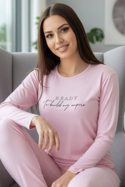 Açık Pembe Ready Desenli Uzun Kollu Dublin Örme Kadın Pijama Takımı - 7