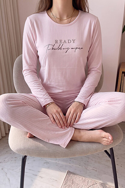 Açık Pembe Ready Desenli Uzun Kollu Dublin Örme Kadın Pijama Takımı - 4