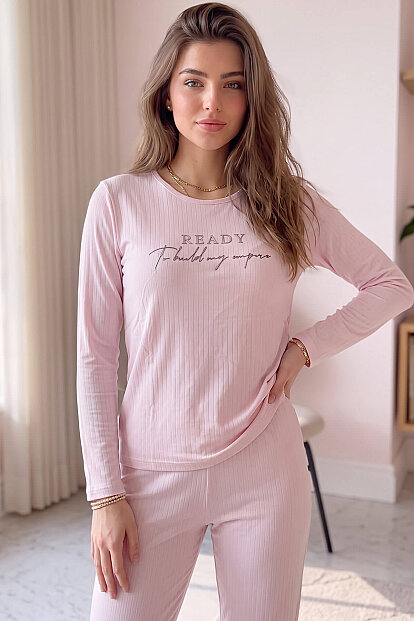 Açık Pembe Ready Desenli Uzun Kollu Dublin Örme Kadın Pijama Takımı - 5