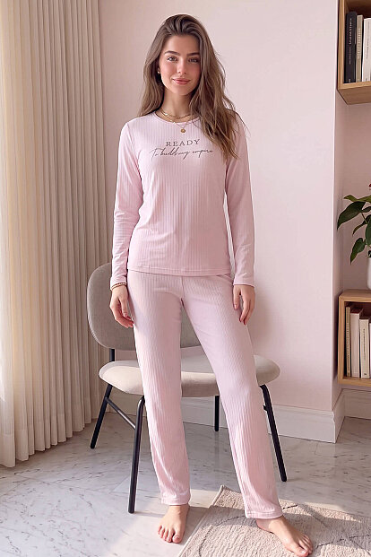 Açık Pembe Ready Desenli Uzun Kollu Dublin Örme Kadın Pijama Takımı - 6