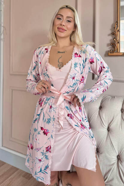 Açık Pembe Rosy Exclusive Örme Sabahlıklı Gecelik Kadın Pijama Takımı - 1