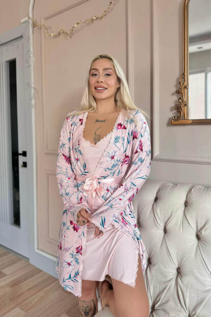 Açık Pembe Rosy Exclusive Örme Sabahlıklı Gecelik Kadın Pijama Takımı - 2
