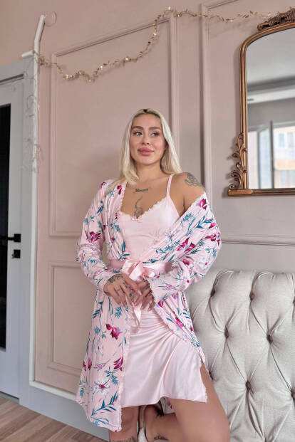 Açık Pembe Rosy Exclusive Örme Sabahlıklı Gecelik Kadın Pijama Takımı - 3