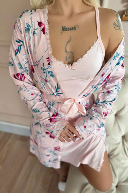 Açık Pembe Rosy Exclusive Örme Sabahlıklı Gecelik Kadın Pijama Takımı - 5