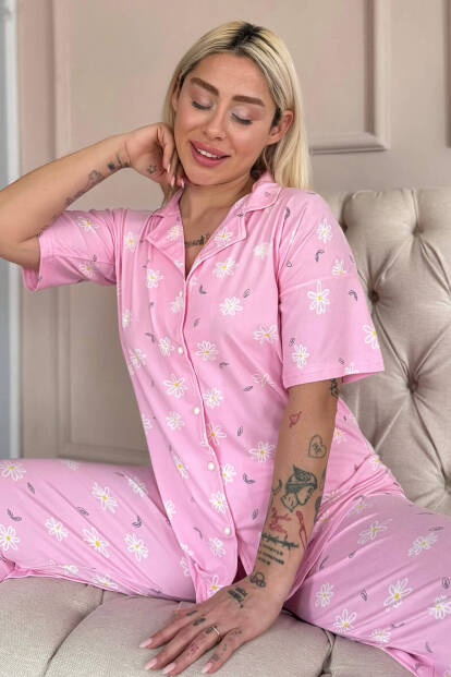 Açık Pembe Soft Daisy Desenli Bambu Önden Düğmeli Kısa Kol Pijama Takımı - 1