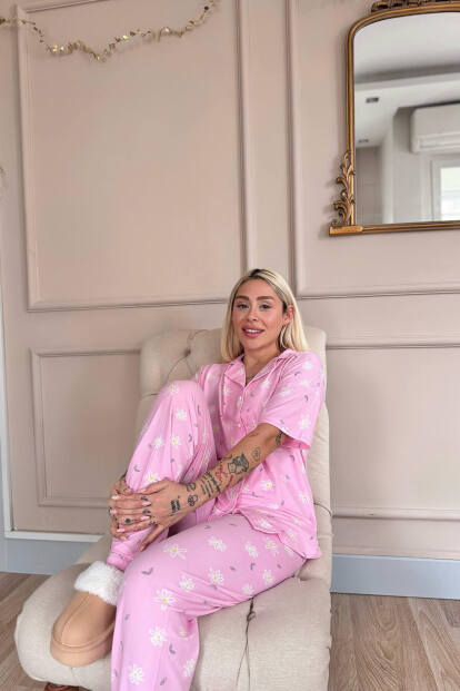 Açık Pembe Soft Daisy Desenli Bambu Önden Düğmeli Kısa Kol Pijama Takımı - 5