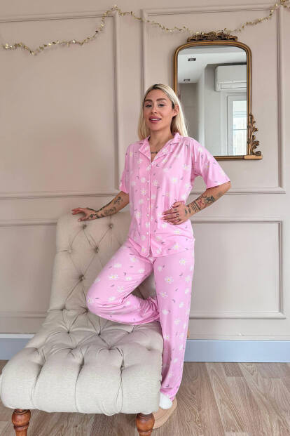 Açık Pembe Soft Daisy Desenli Bambu Önden Düğmeli Kısa Kol Pijama Takımı - 7