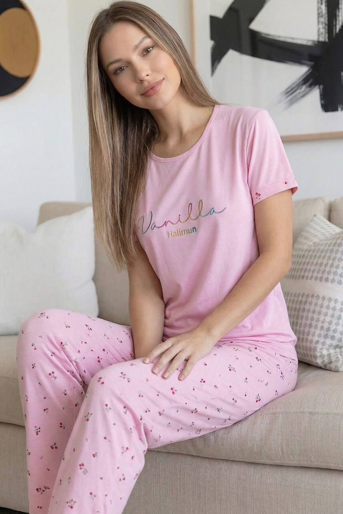 Açık Pembe Vanilla Desenli Bambu Kısa Kol Kadın Pijama Takımı - Pijamaevi (1)