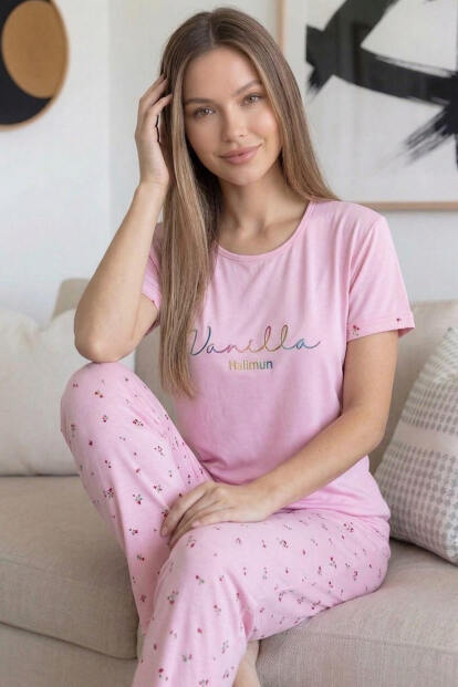 Açık Pembe Vanilla Desenli Bambu Kısa Kol Kadın Pijama Takımı - 3
