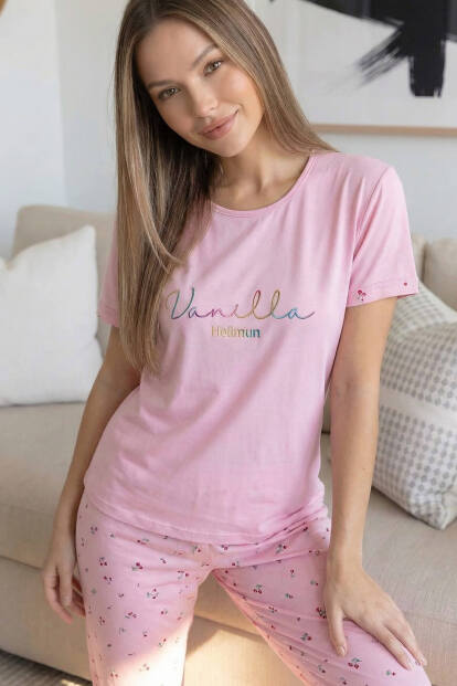 Açık Pembe Vanilla Desenli Bambu Kısa Kol Kadın Pijama Takımı - 5