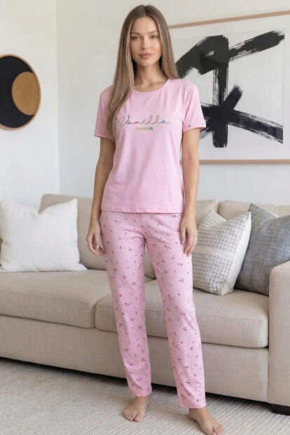 Açık Pembe Vanilla Desenli Bambu Kısa Kol Kadın Pijama Takımı - 6