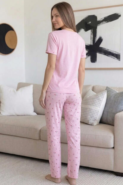 Açık Pembe Vanilla Desenli Bambu Kısa Kol Kadın Pijama Takımı - 7