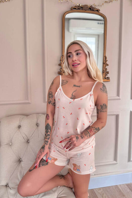 Açık Pudra Bear Desenli İp Askılı Şortlu Kadın Pijama Takımı - Pijamaevi (1)